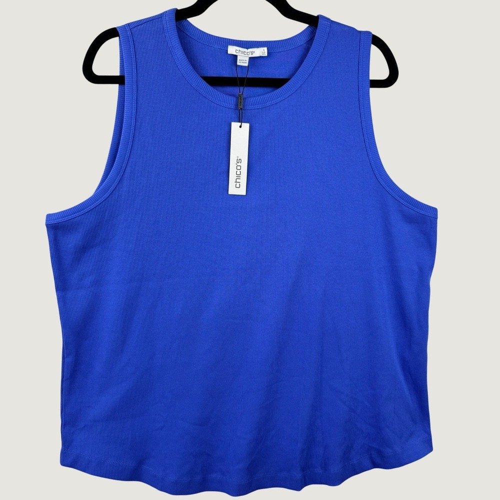 Chico's High Neck Rib Tank Women XXL Blue Cotton Coastal Layering NWT NEW